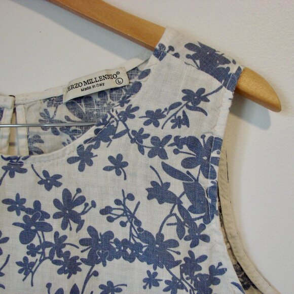 Terzo Millennio Linen Floral Dress Italy Sleeveless Blue Cream Loose Fit Large - Picture 4 of 11